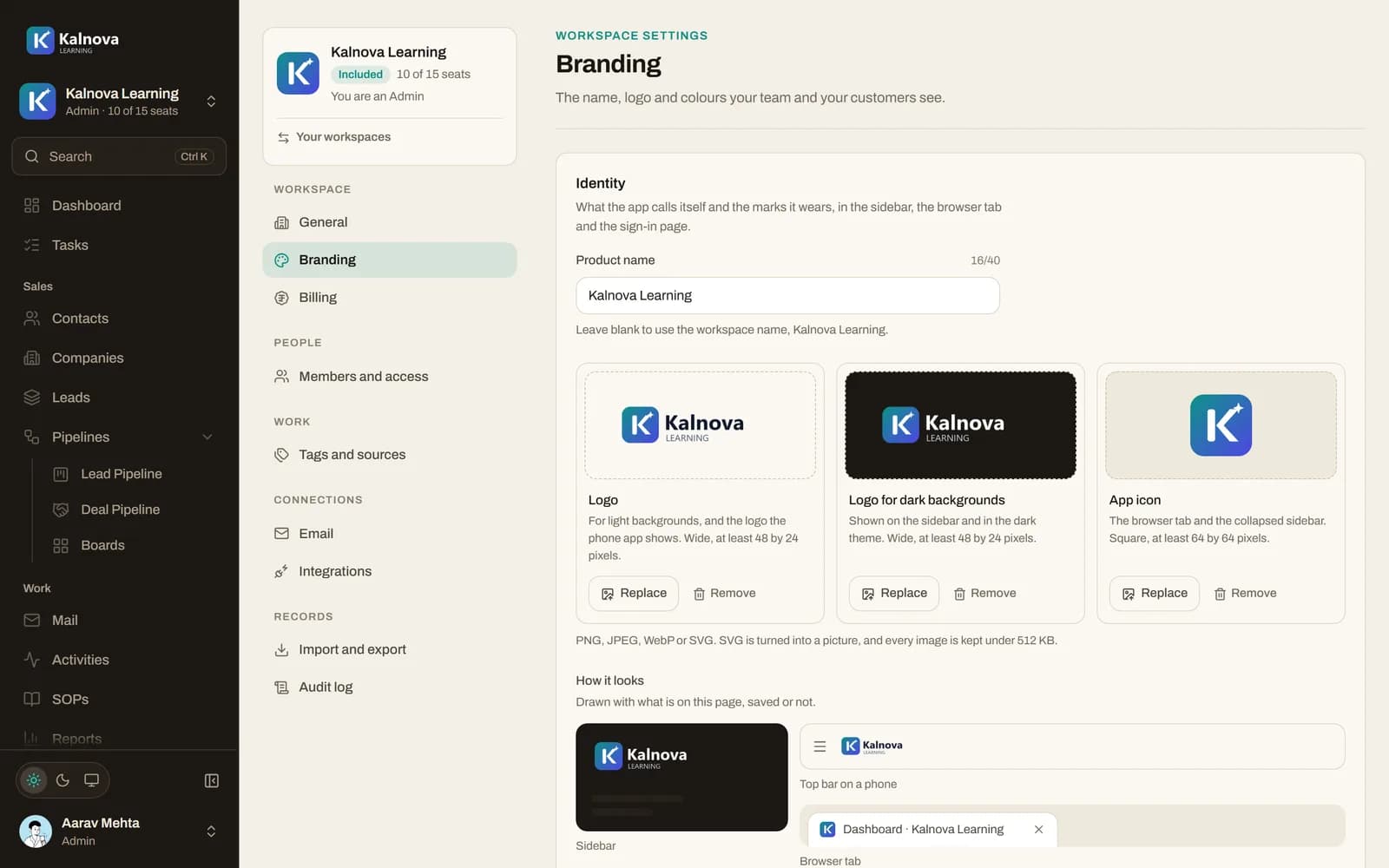 Branding: the workspace name, logos for light and dark backgrounds, and the app icon