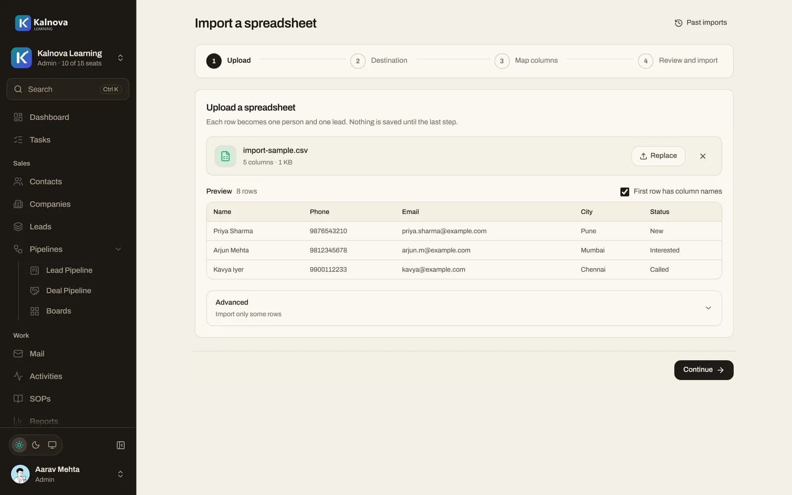 Import a spreadsheet: the file, a preview of its rows, and the four steps to import