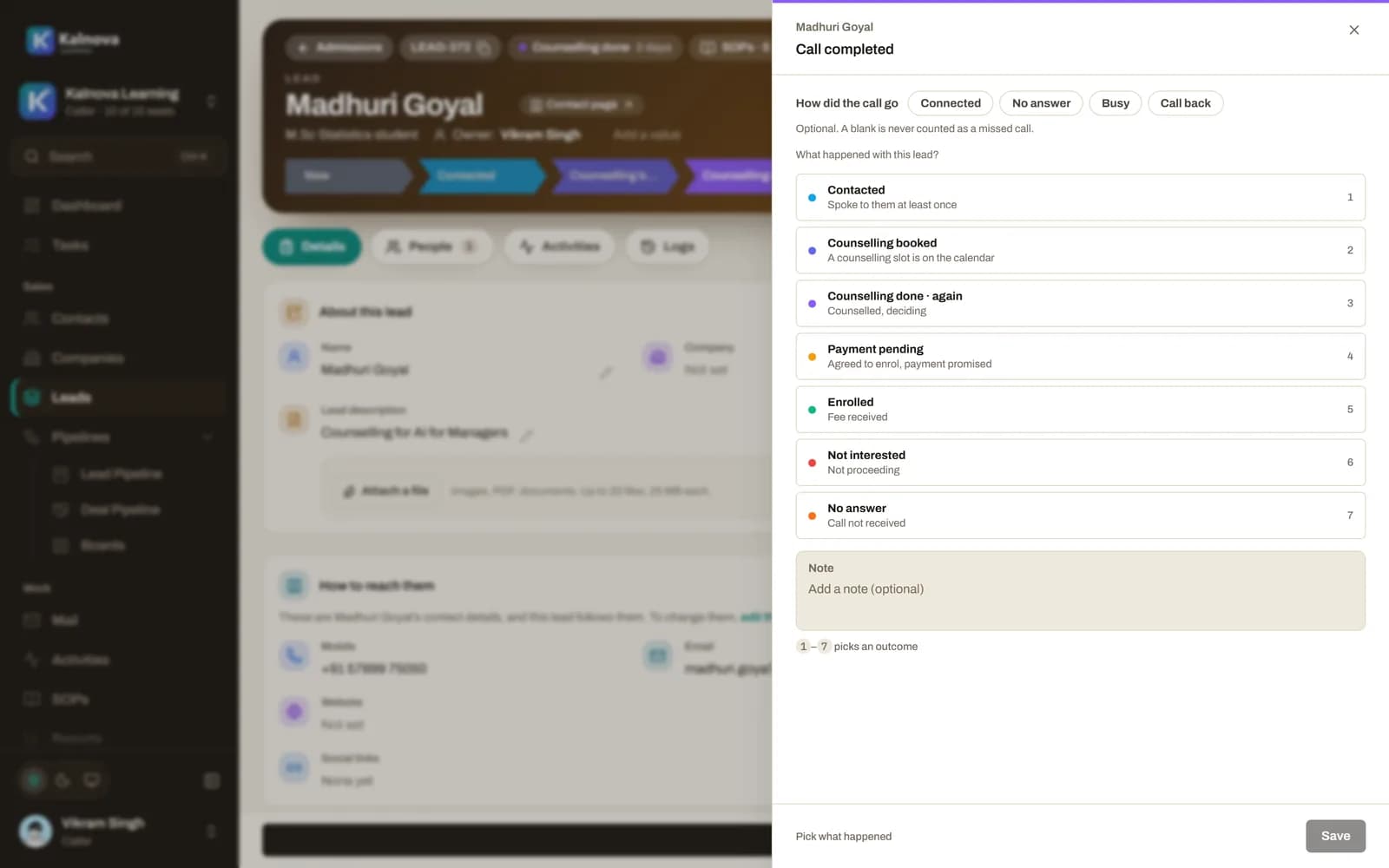 The call outcome sheet on the web: how did the call go, and which stage the lead moves to
