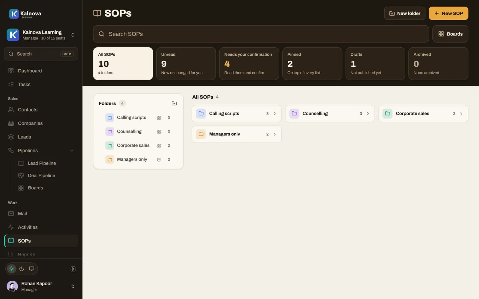 SOPs: folders of calling scripts and counselling guides, with unread and needs-confirmation counts