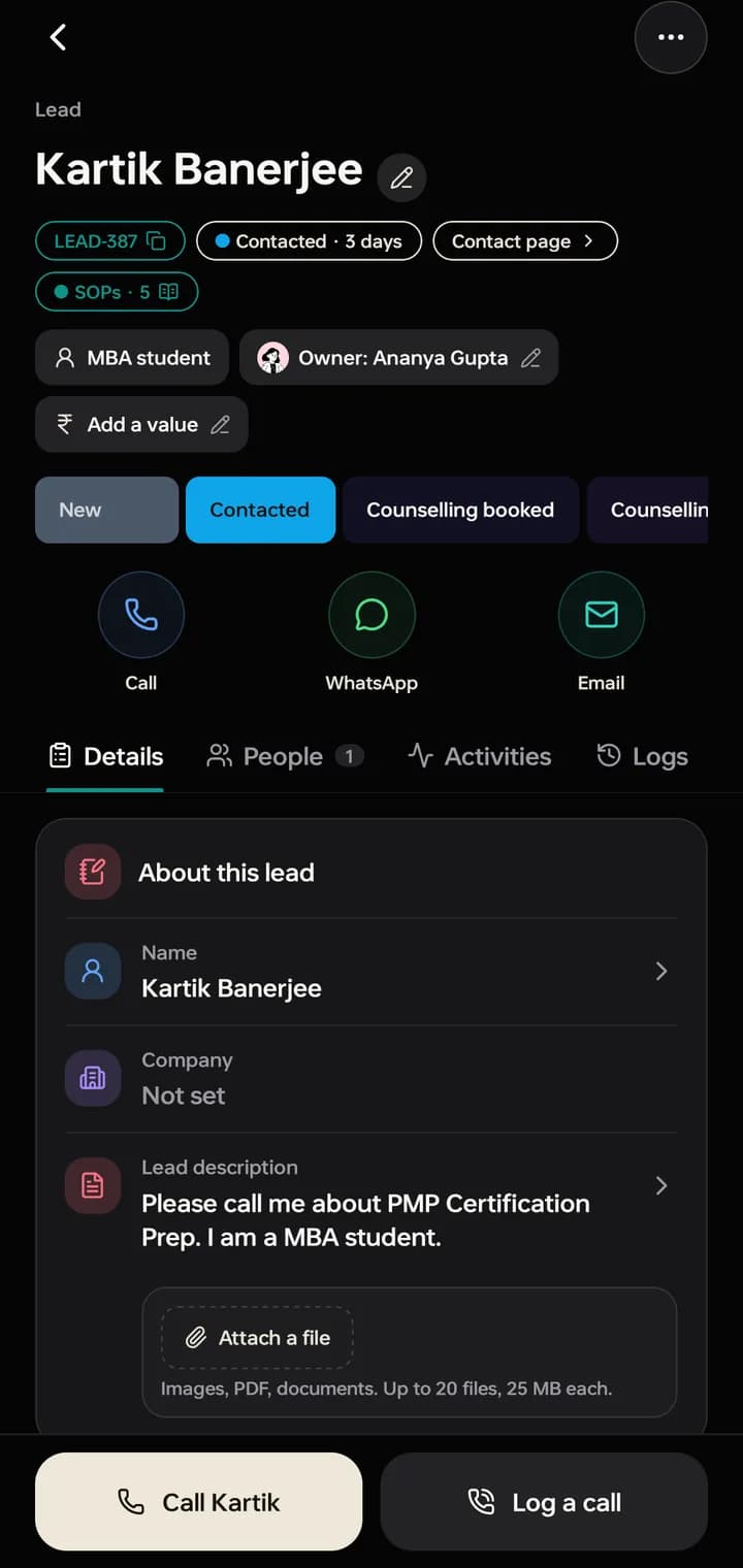 A lead in the CRM phone app with Call, WhatsApp and Email, and Call Kartik at the bottom